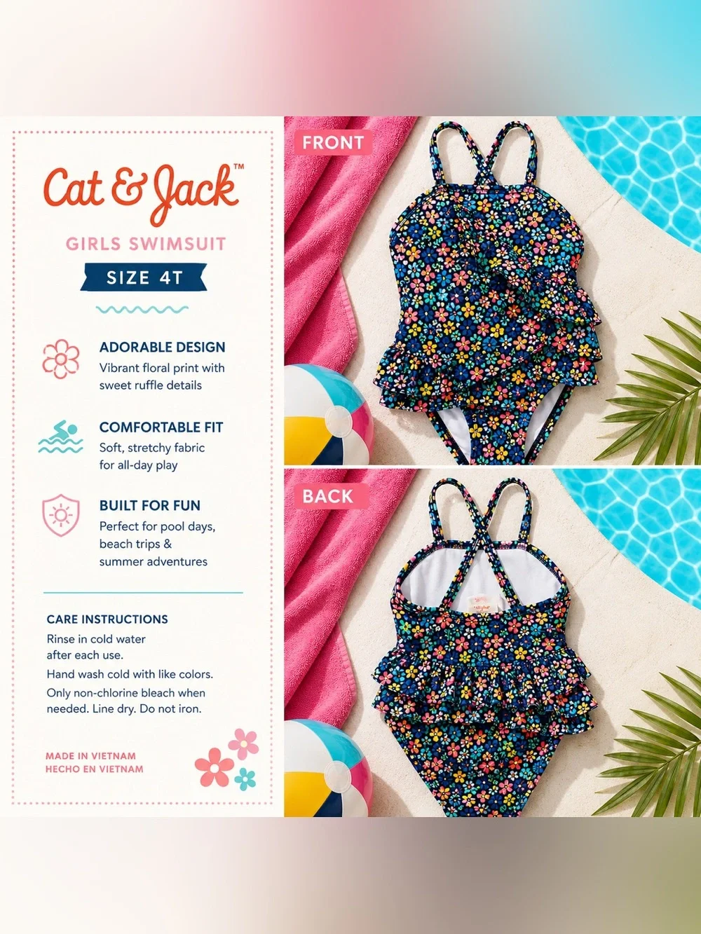 Cat & Jack 4T Navy Floral Ruffle Swimsuit Set + Matching Flower Hair Clip